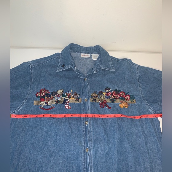 Bobbie Brooks 1990s Women’s Christmas Denim Collared Embroidered Button Up Large - Picture 7 of 16
